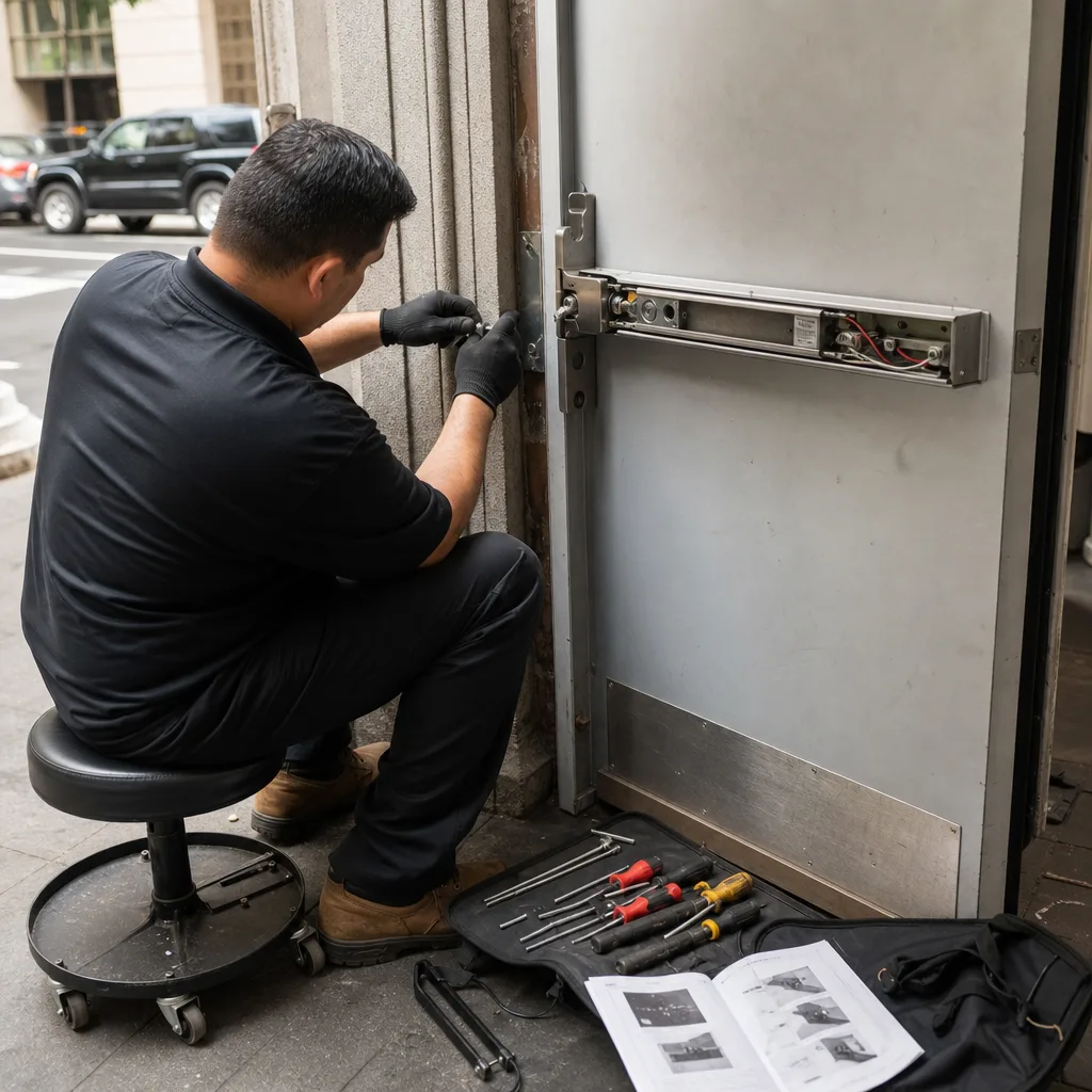 Professional commercial locksmith installing a panic bar exit device on a door
